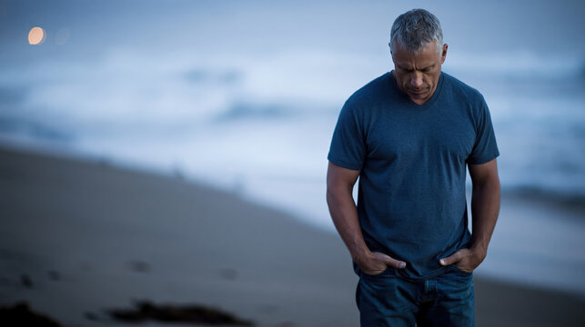 Sad thoughtful man standing alone on beach near ocean water wearing casual clothes looking down feeling lonely during peaceful twilight