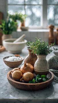 Fresh Onions Garlic and Herbs Rustic Kitchen Still Life. AI generative.