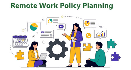 Naklejka premium Team planning remote work policy with charts and gears