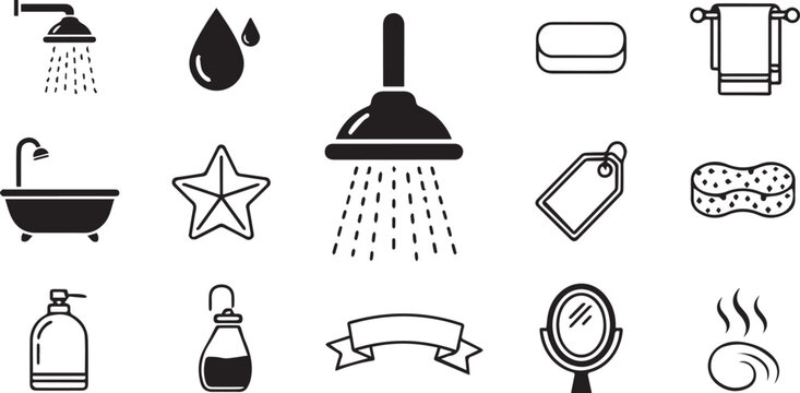Bathroom and Hygiene Vector Icon Set with Shower Head, Bathtub, Soap and Towel Symbols