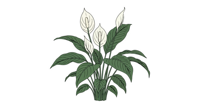 Spathiphyllum Peace Lily Houseplant Vector Illustration with White Flowers and Green Leaves Botanical Sketch