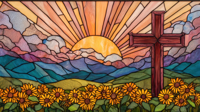 Stained Glass Cross and Sunflowers Landscape &ndash; AI Generative
