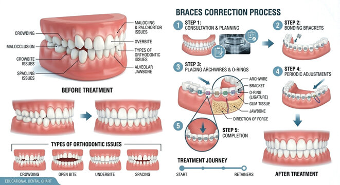 This detailed infographic explains the Braces Correction Process and common orthodontic issues. It outlines a five-step treatment journey: consultation, bonding brackets, placing archwires, periodic 