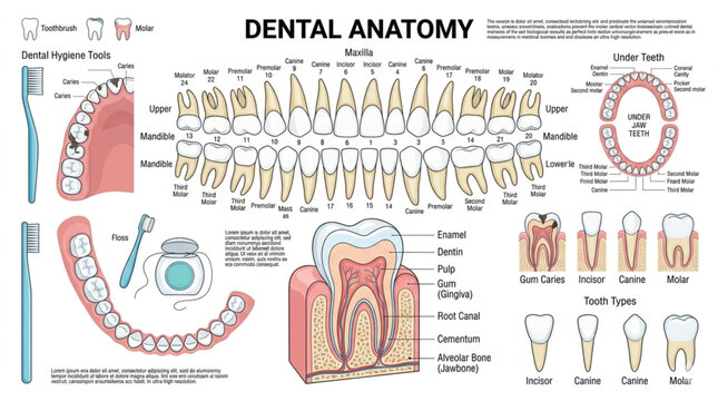 A comprehensive educational poster titled "Dental Anatomy" that covers multiple aspects of oral health. It displays the full human dentition for both the maxilla and mandible, types of teeth (incisors