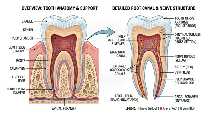 This medical infographic provides a comprehensive look at tooth anatomy and the complex root canal system. The left side offers an overview of supporting structures like the alveolar bone and periodon