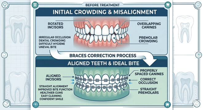 This educational infographic illustrates the orthodontic transformation from initial crowding and misalignment to aligned teeth with an ideal bite. The top section details common issues like rotated 