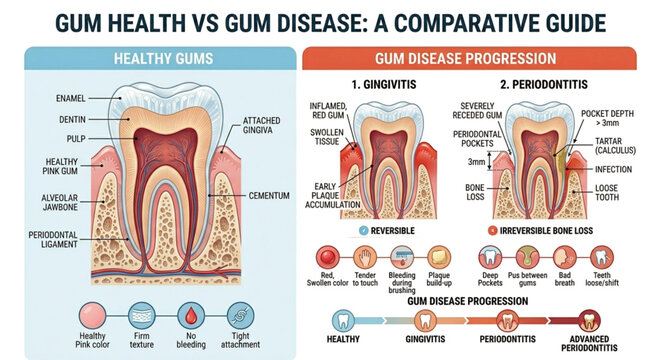 This comparative medical guide illustrates the stages of Gum Health vs. Gum Disease. It displays the anatomy of a healthy tooth with pink, firm gums versus the progression of disease through Gingiviti