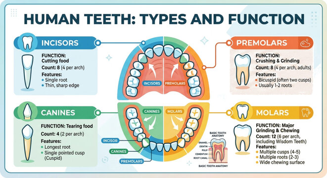 These educational infographics provide a detailed guide to Human Teeth: Types and Functions. They categorize teeth into four main groups: Incisors for cutting, Canines for tearing, Premolars for crush