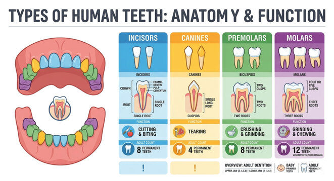 This educational infographic illustrates the types of human teeth: Incisors, Canines, Premolars, and Molars. It details their unique anatomy (roots and crowns), specific functions like cutting or grin