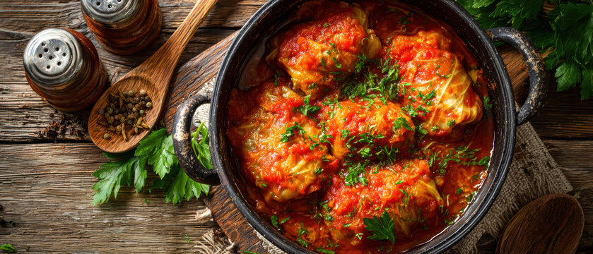Traditional Stuffed Cabbage Rolls in Tomato Sauce Rustic Food Photography. AI generative.