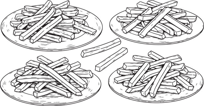 French fries engraving sketch vector set scratchboard style food illustration t-shirt print