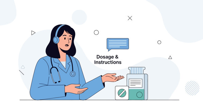 Doctor explaining dosage and instructions for medication with a pill bottle and tablet