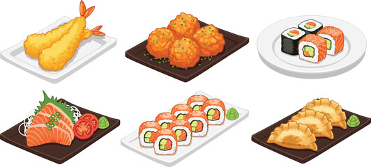 Traditional Japanese Appetizer and Sushi Set Featuring Tempura Shrimp, Gyoza Dumplings, Salmon Sashimi, and Maki Rolls for Asian Restaurant Menus and Seafood Culinary BrandingTraditional Japanese Appe © Sonjoy