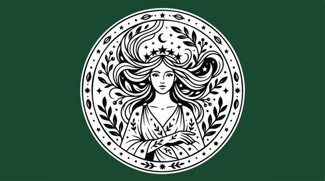 Mystical celestial maiden illustration in circular frame.