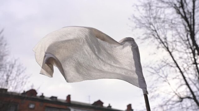 White fabric flag waving on a pole against a cloudy sky in natural light. Concept of surrender, peace, truce, neutrality, and symbolic communication in real outdoor environment.