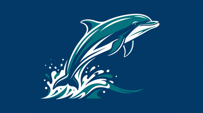Stylized jumping dolphin illustration on a dark blue background.