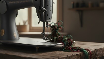 Fototapeta premium Vintage sewing machine with tangled thread on a rustic wooden table in a sunny studio, representing technical failure, frustration, and a complex repair concept for tailors