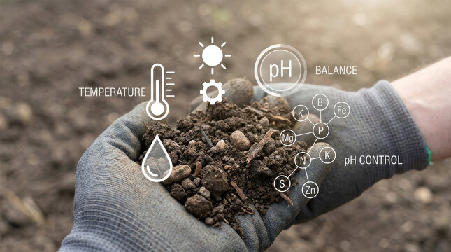 Smart agriculture soil analysis with digital icons, gloved hands holding fertile earth, precision farming technology for pH balance and temperature