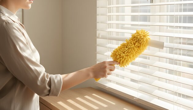 Woman dusting window blinds with a bright yellow duster tool in a sunlit modern interior for home hygiene and domestic maintenance concept