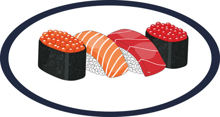 Traditional Japanese Sushi and Nigiri Set Featuring Fresh Salmon, Tuna, and Ikura Red Caviar Gunkan for Asian Restaurant Menus, Seafood Branding, and Gourmet Dining GraphicsTraditional Japanese Sushi  © Sonjoy