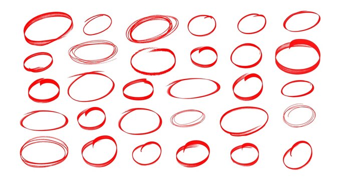 Collection of red ink brush pen circles, scribbles and round frames for emphasis in documents.