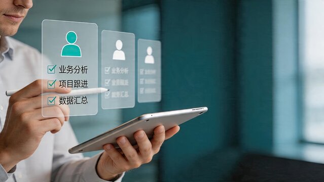 Businessman using digital tablet with holographic interface futuristic office technology data analysis workflow project management system user selection checklist interactive