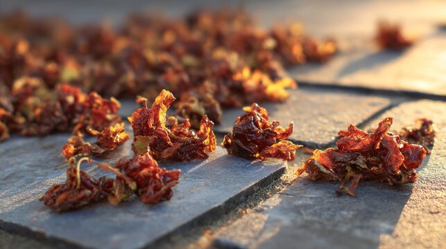 pomace. Dried grape pomace fragments scattered on sunlit stone slabs. menu design, packaging mockups, designed for culinary blogs and recipe cards for restaurants, used by videographers.