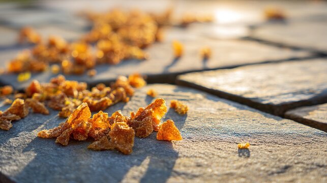 pomace. Dried grape pomace fragments scattered on sunlit stone slabs. menu design, packaging mockups, designed for culinary blogs and recipe cards for restaurants, used by videographers.