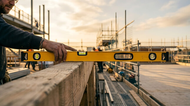Construction worker using a yellow spirit level on a wooden beam