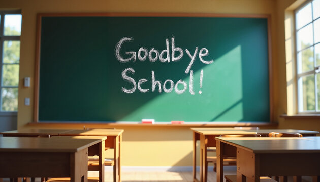 Chalk writing "Goodbye School!" on blackboard in empty classroom, celebrations