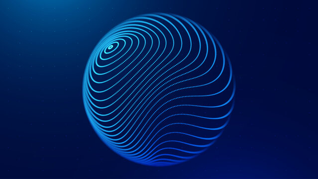 Blue Tech Lines Energy Orb. 3D Sphere Science Globe With Abstract Glowing Lines Representing Microbiology, Cell Research, or Nanotechnology On Dark Blue Background. Vector Illustration.