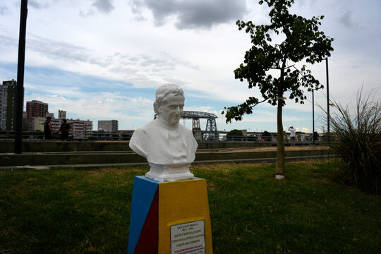 BUENOS AIRES, ARGENTINA - JANUARY 15 2026 - La Boca San Juan bosco sculpture, teh district is a popular destination with colourful houses and pedestrian street