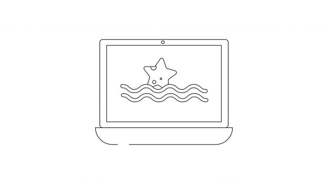 Simple Line Drawing of a Starfish in Waves on a Laptop Screen.
