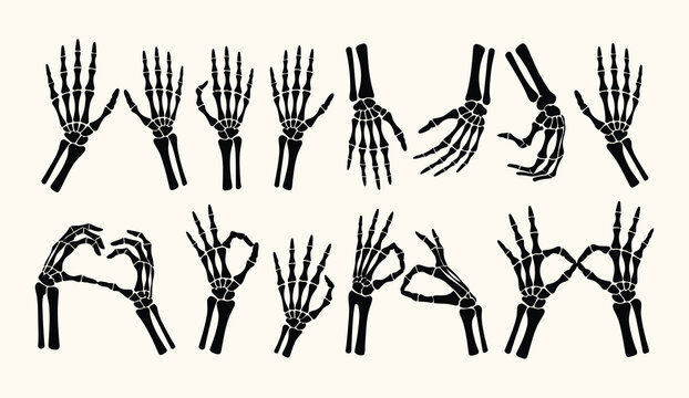 Halloween Skeleton Hand Gesture Icon Set, Human Bone Hand Signs Including OK, Thumbs Up, Pointing Finger, Victory V, Peace and Love Symbols, Spooky Vector Silhouettes Collection