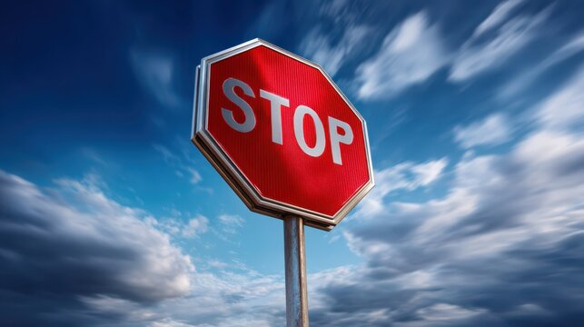 A red octagonal stop sign against a blue sky with dynamic clouds, symbolizing traffic control and road safety.