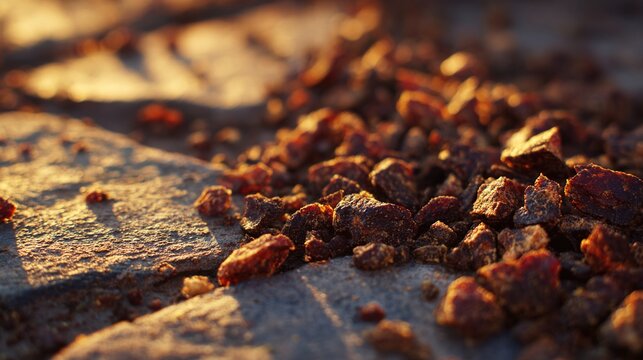 pomace. Dried grape pomace fragments scattered on sunlit stone slabs. menu design, packaging mockups, designed for culinary blogs and recipe cards for restaurants, used by videographers.