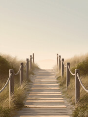 Naklejka premium narrow seaside boardwalk with soft foam bands and wooden boardwalk, rope posts, and far island glow, seaside bestseller decor