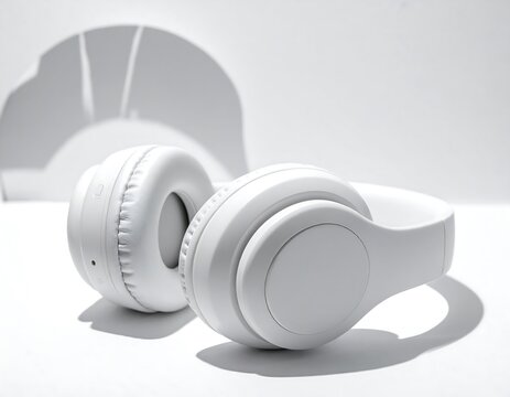 Pristine, white over-ear headphones sit against a minimalist, white backdrop
