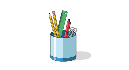 Fototapeta premium School and Office Supplies Stationery Set in Blue Pencil Holder Cup with Ruler Pen and Pencils Vector Illustration