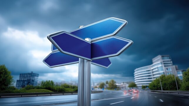 A modern street sign with multiple blank blue directional arrows stands at a city intersection under a cloudy sky.