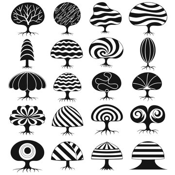 Exploration of repetitive patterns within organic forms, each icon maintain the same basic silhouette  completed with roots and a rounded canopy, filled with swirls, stripes, waves, and radial lines.
