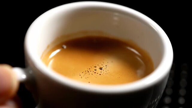 Close up of rich, fresh espresso with thick crema served in a white demitasse cup against a dark background, highlighting the intense flavor and morning energy boost.