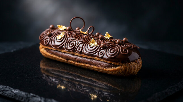 A luxurious chocolate eclair on a dark, reflective slate beautifully decorated with glossy glaze, intricate chocolate swirls, crispy pearls, and edible gold leaf details.