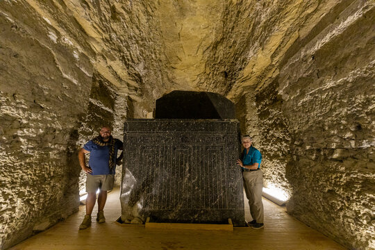Large Black Granite Sarcophagus Inside Ancient Tomb at Saqqara Egypt
