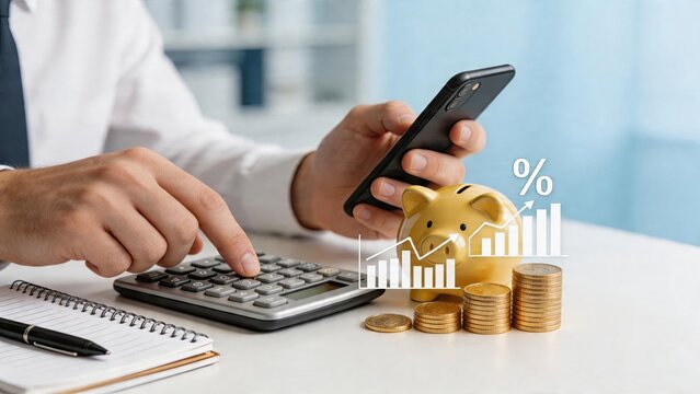 Businessman using calculator mobile phone for smart financial planning with piggy bank and stack of coins growth chart