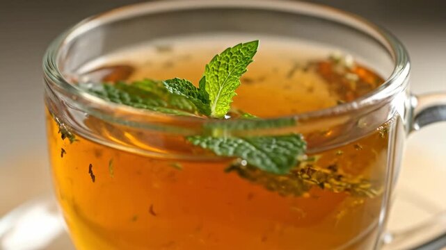 Close-up of hot mint tea in a clear glass cup featuring fresh green mint leaves floating on the surface of the refreshing herbal beverage
