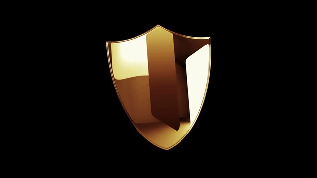 Cyber security shield golden metal shine symbol concept. Spectacular glowing and reflection light icon abstract 3d animation. Isolated object.
