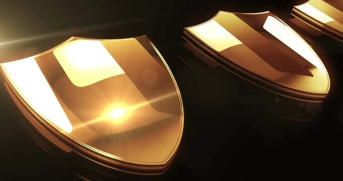 Cyber security shield golden metal shine symbol concept. Spectacular glowing and reflection light icon abstract. Seamless and looped 3d animation.