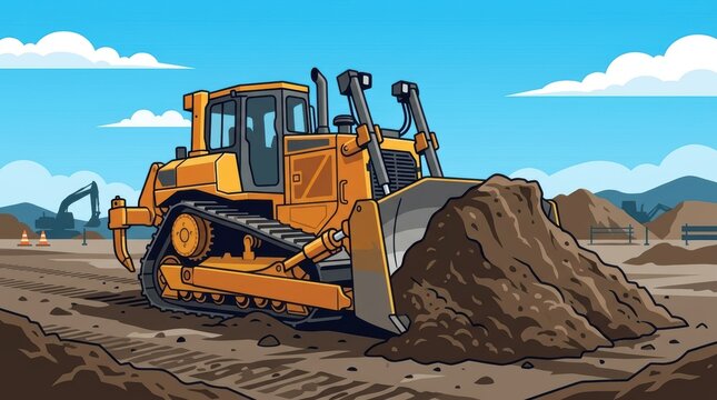 Bulldozer Pushing Dirt at Construction Site for Building Projects