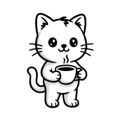 Logo cafetería Pet Friendly. Dibujo sencillo con líneas de un gato simpático de pie, tomando una taza de café caliente  © teracreonte